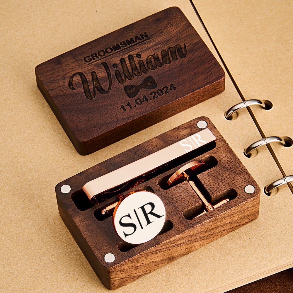 Engraved Tie Clip & Cufflinks Set – Wood Box (Groomsmen Gift)