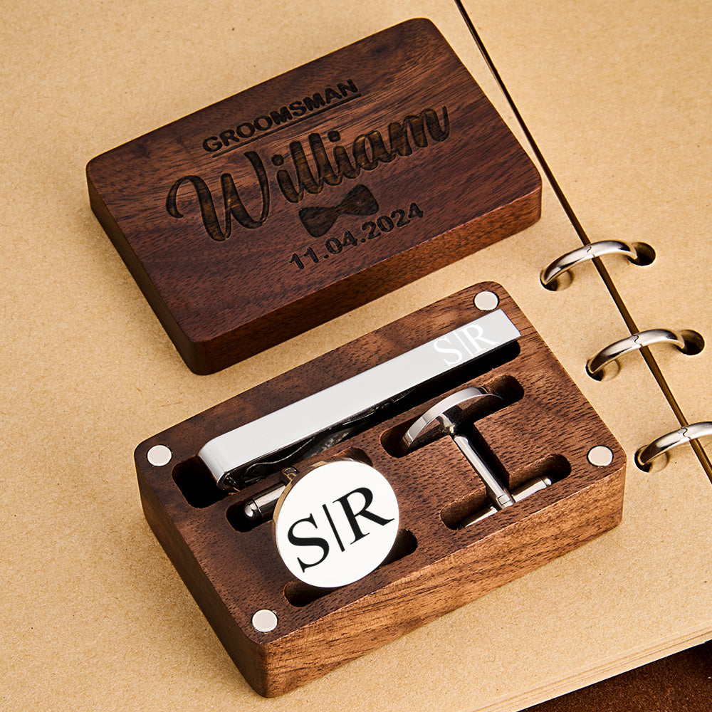 Engraved Tie Clip & Cufflinks Set – Wood Box (Groomsmen Gift)