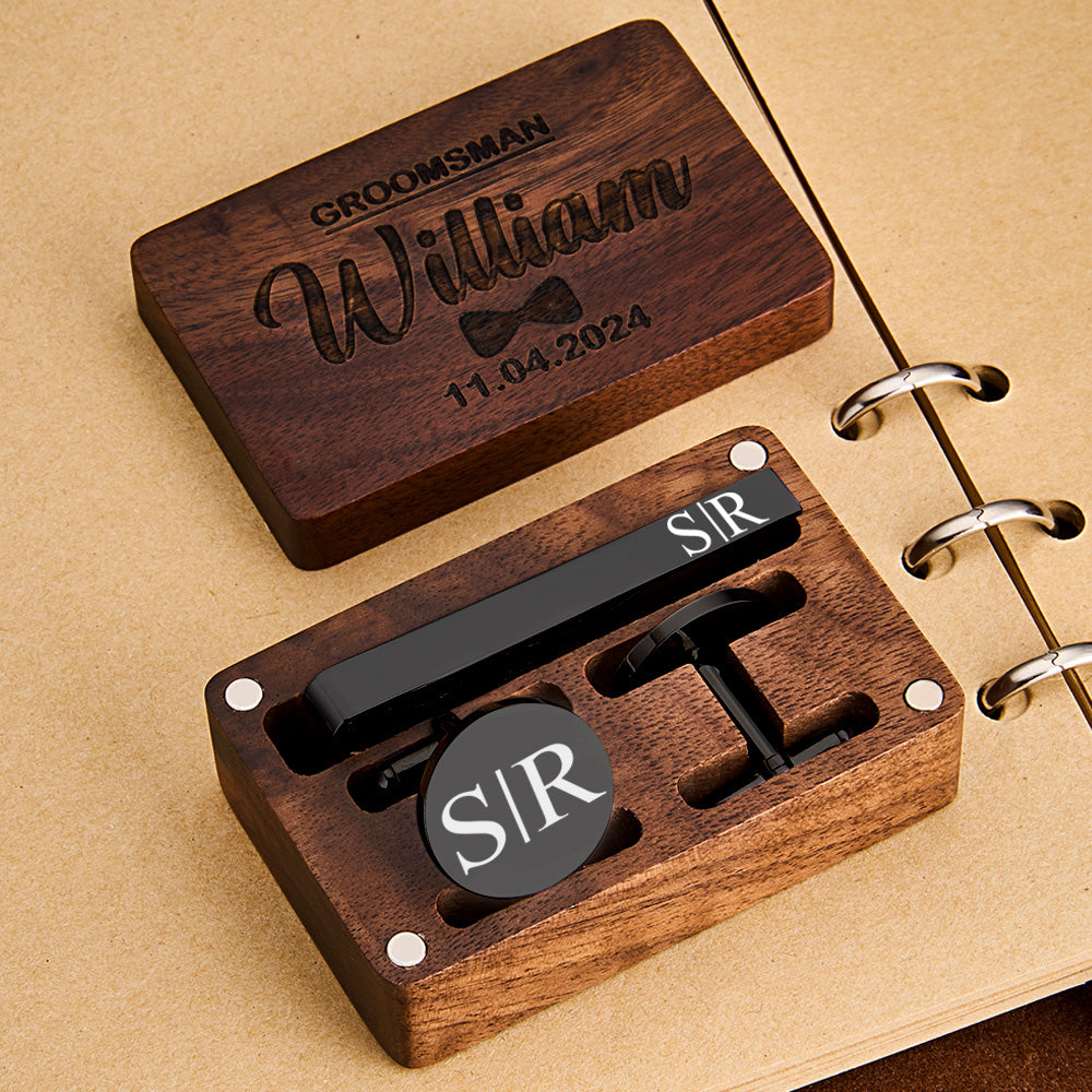 Engraved Tie Clip & Cufflinks Set – Wood Box (Groomsmen Gift)