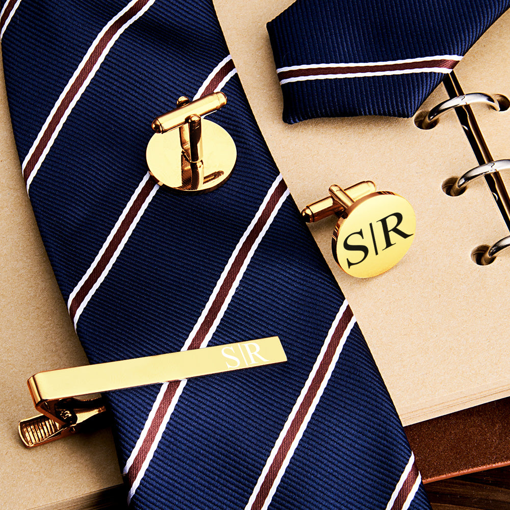 Engraved Tie Clip & Cufflinks Set – Wood Box (Groomsmen Gift)