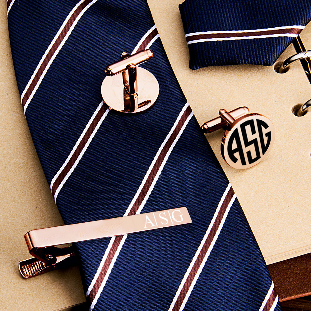 Engraved Tie Clip & Cufflinks Set – Wood Box (Men)