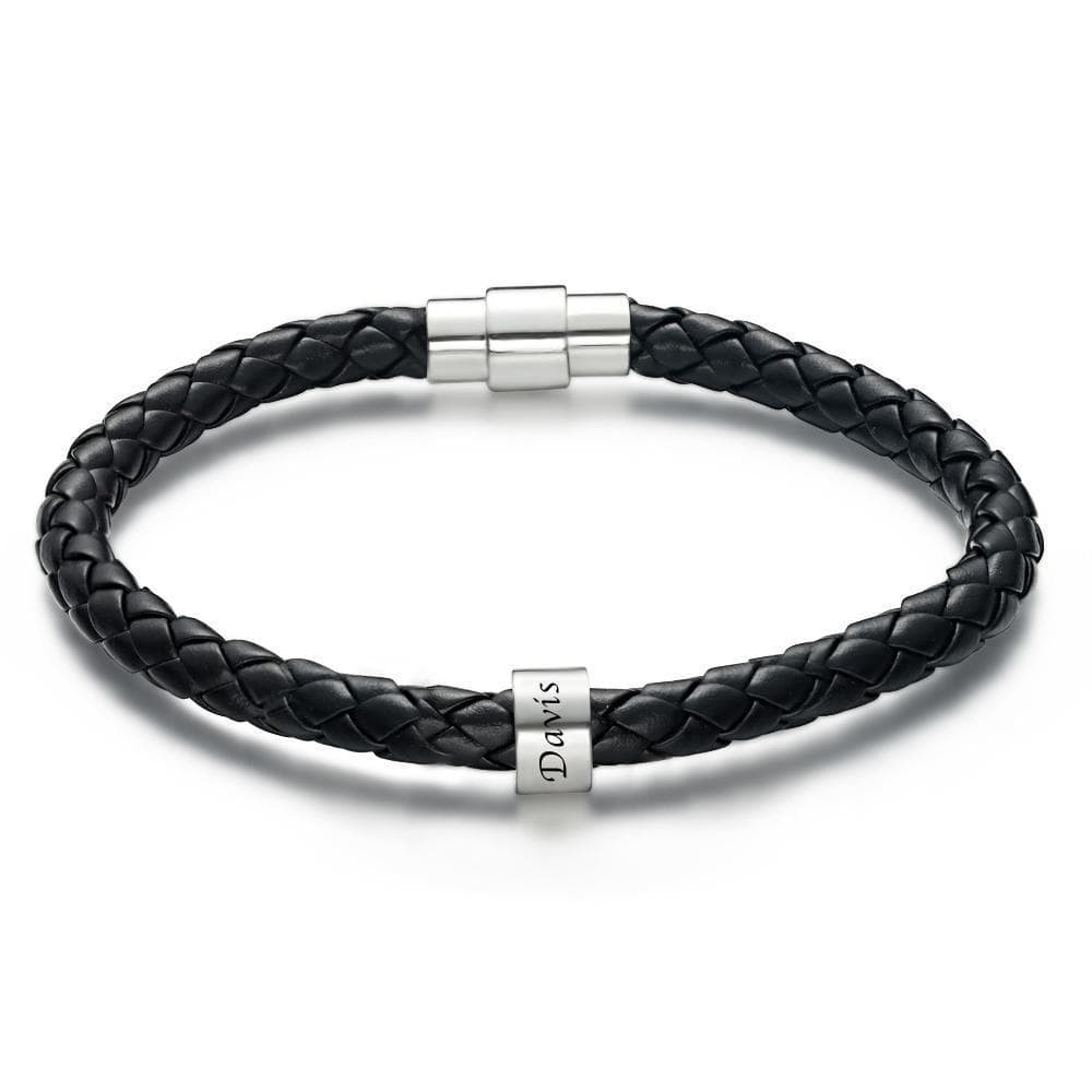 Men’s Leather Engraved Bracelet – Custom Beads