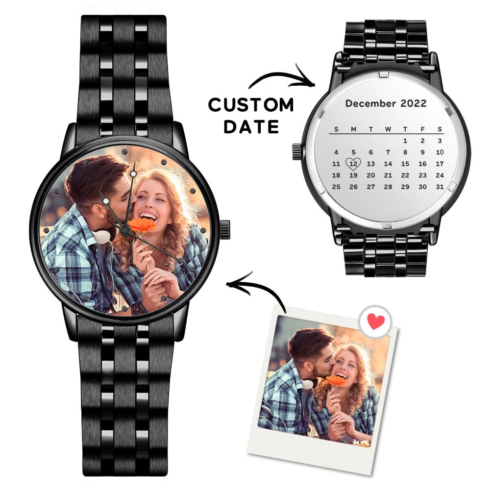 Men’s Engraved Calendar Photo Watch – Black Alloy
