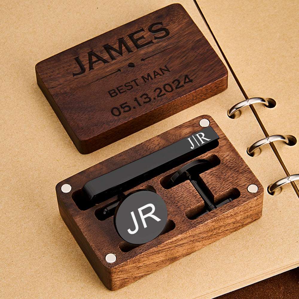 Engraved Tie Clip & Cufflinks Set – Wood Box (Groomsmen)