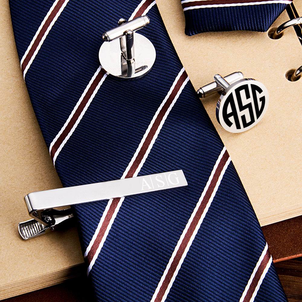 Engraved Tie Clip & Cufflinks Set – Wood Box (Men)